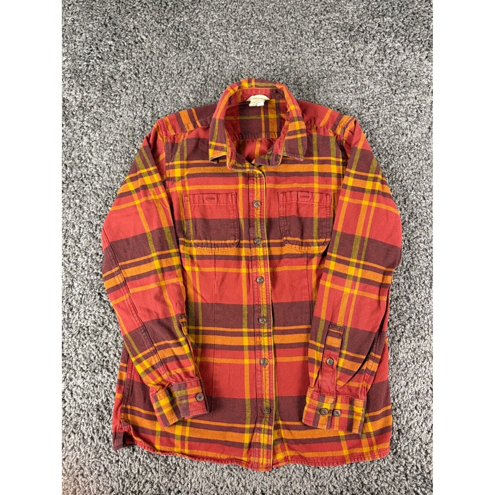 Duluth Trading Co Red Orange Plaid Free Swingin Flannel Shirt Women Small